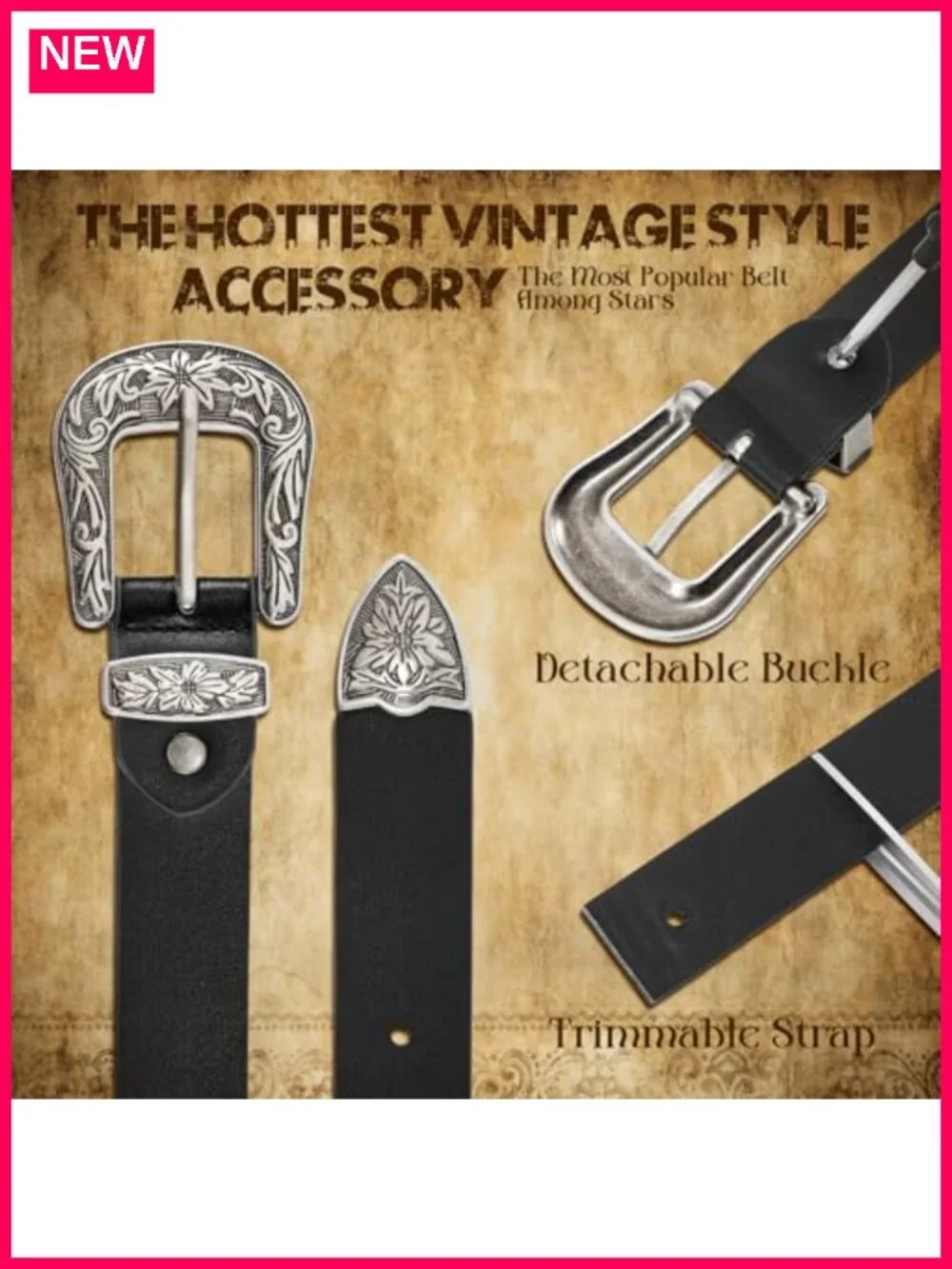 Vintage Western Design Black Leather Waist Belt for Pants Jeans Dresses